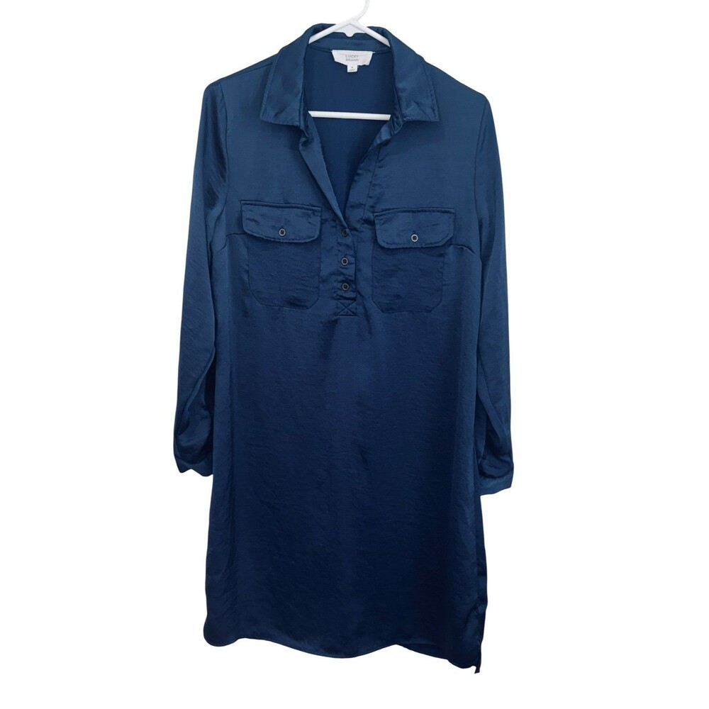 Lucky Brand long-sleeve utility-style shirtdress navy blue with a satin finish